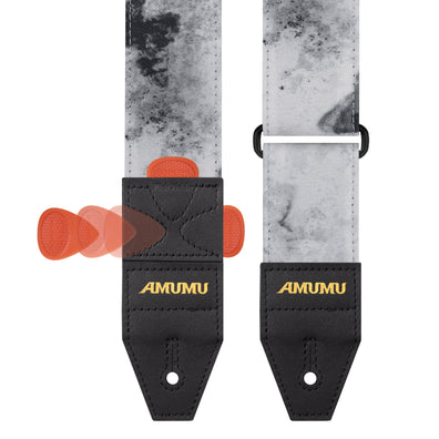 AMUMU Noir Butterfly Guitar Strap – Artistic Printed Polyester with Top-Grain Leather Ends, Quick-Fetch Pick Holder, Guitar-Friendly for Acoustic, Electric, Bass Guitars– Adjustable 36''-59'' CO38P-GW